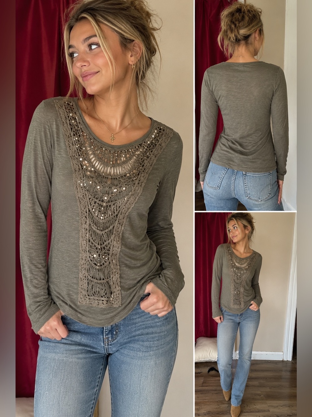 Boho Olive Green Crochet Lace Embellished Long Sleeve Top Women’s Small